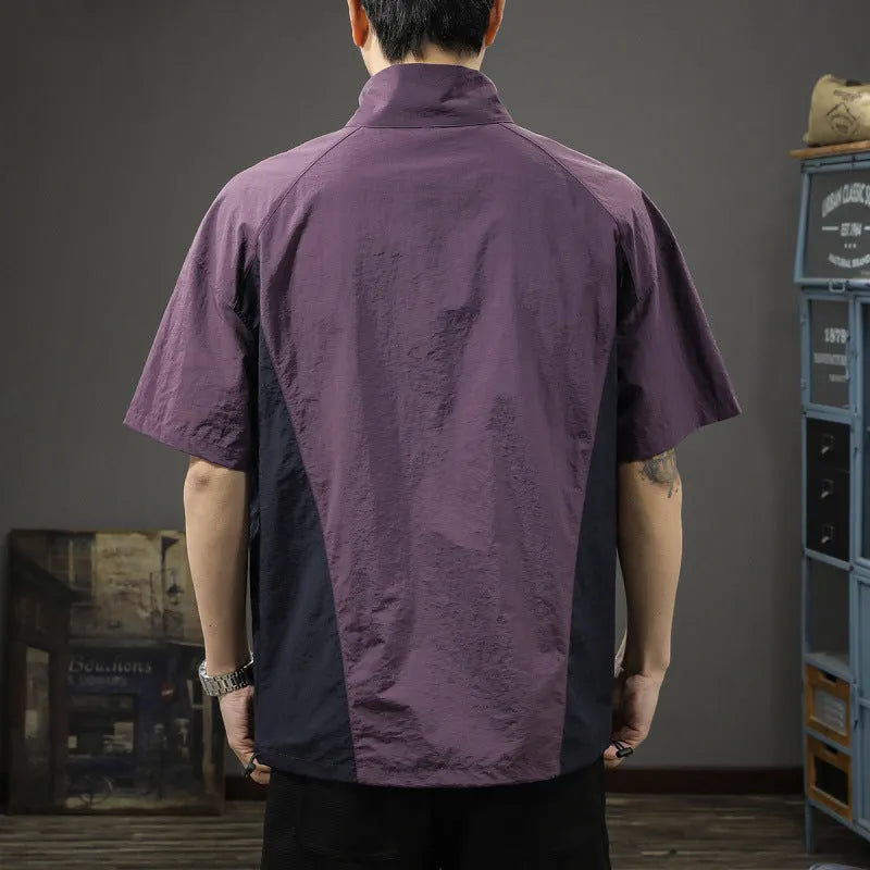 Men's brown half-zip stand collar business casual shirt with short sleeves and Ice Silk fabric texture