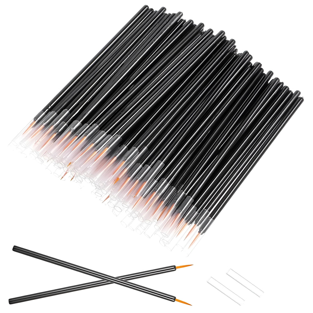 One hundred black disposable eyeliner brushes with fine pointed tips and clear plastic sleeves.