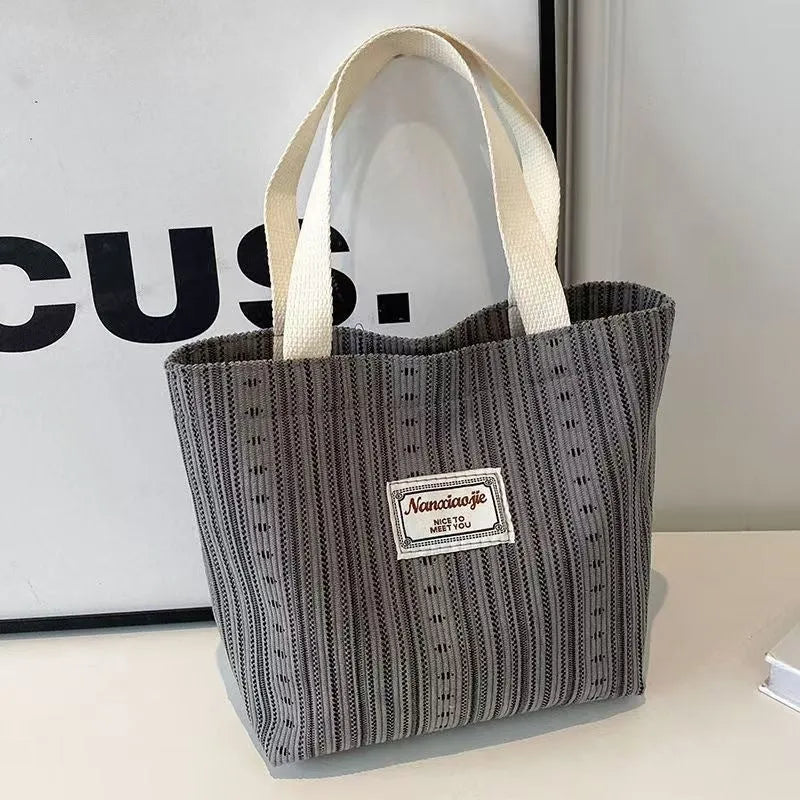 Japanese style corduroy women's tote handbag with large capacity and shoulder strap