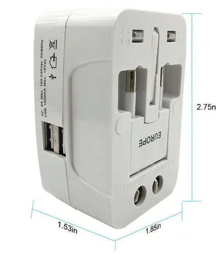 White universal travel plug converter showing UK and European sockets, with dimensions 73mm by 50mm by 39mm.