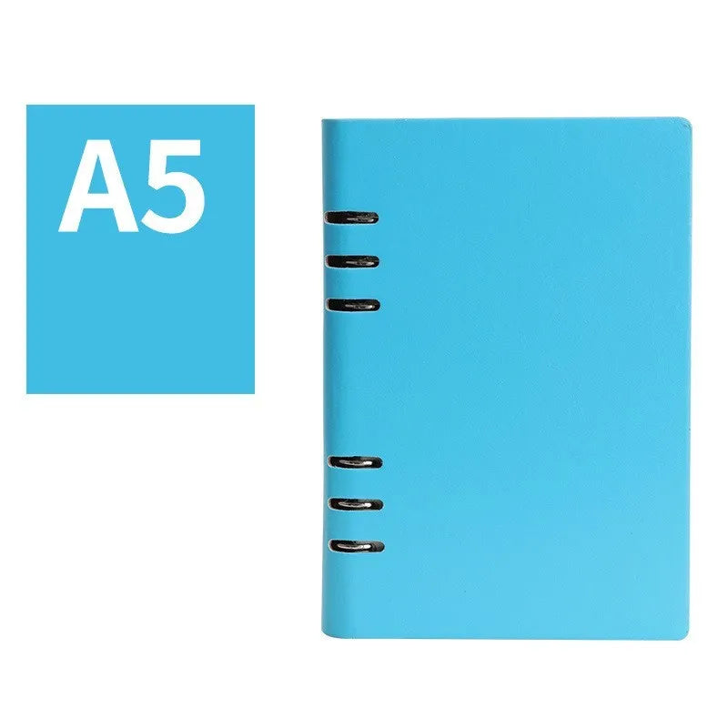 Imitation leather loose-leaf notebook in red, shown open, with A5, A6, and B5 size options.