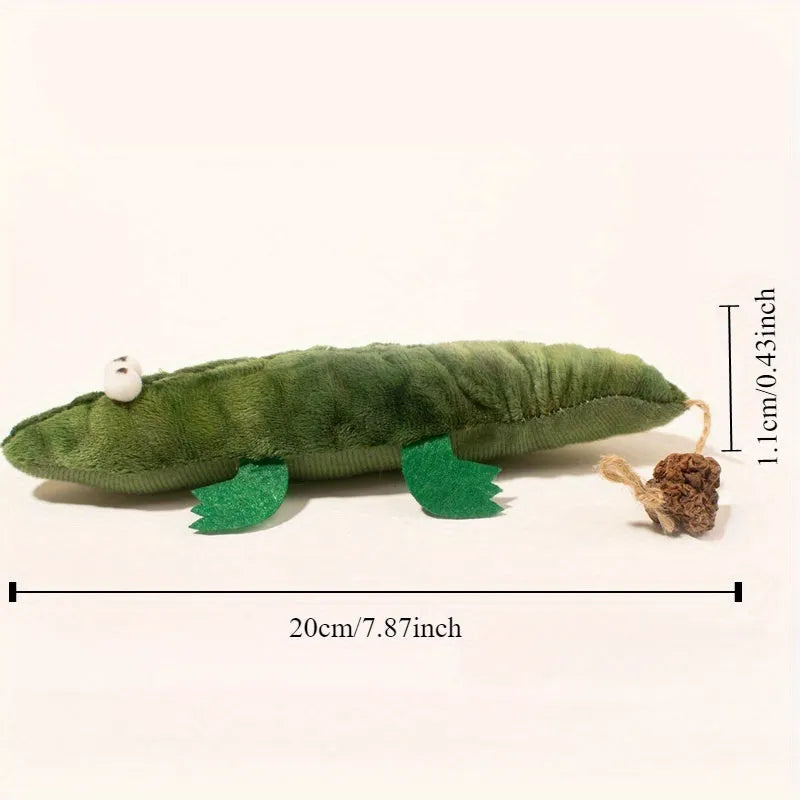 Green plush alligator cat toy with plant-based catnip filling for feline oral cleansing and stress relief