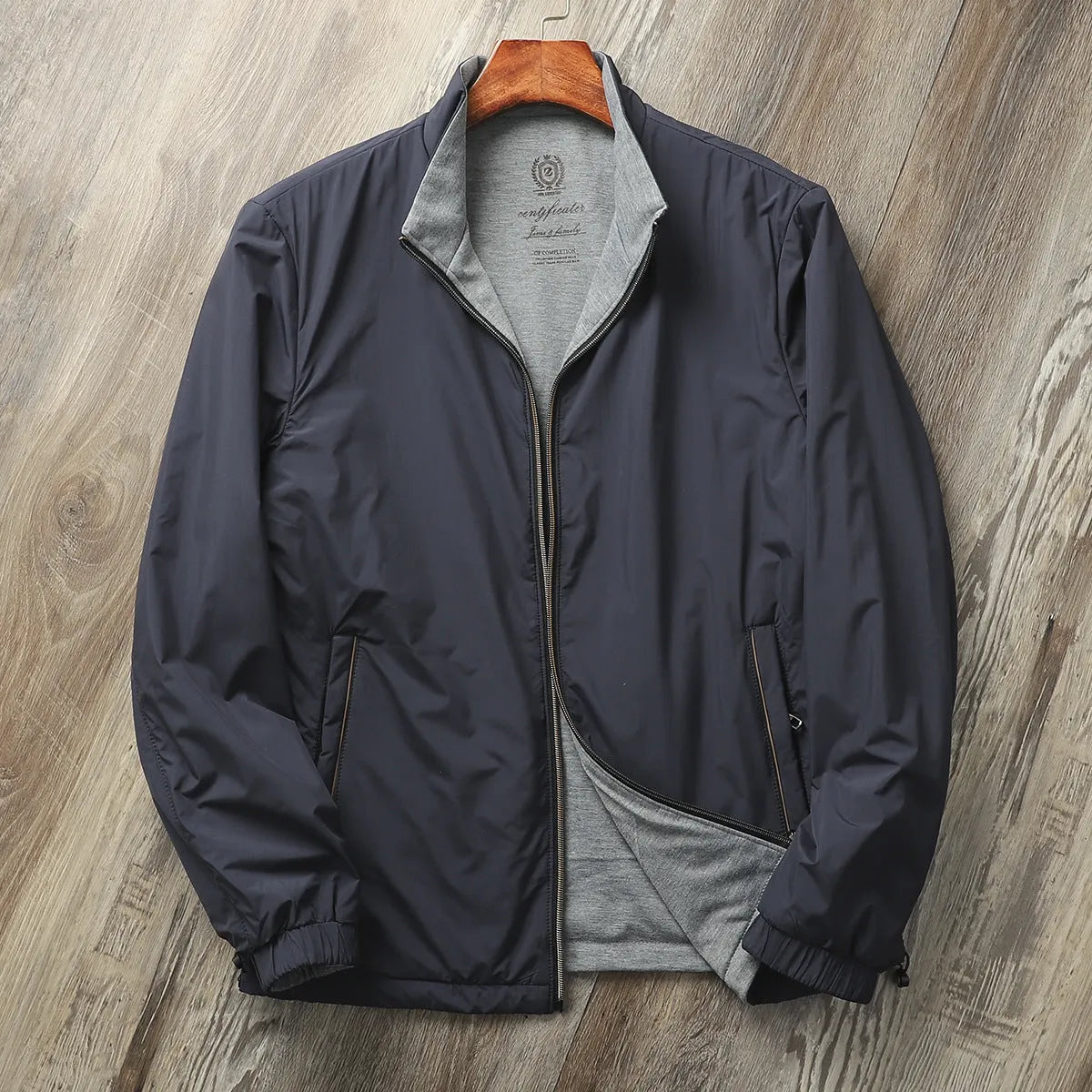 Men's stand collar jacket in polyester blend available in Army Green, Black, Blue and Orange colours