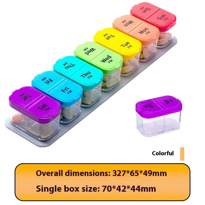 Extra large white and rainbow 14-compartment pill box organiser with removable dispensers