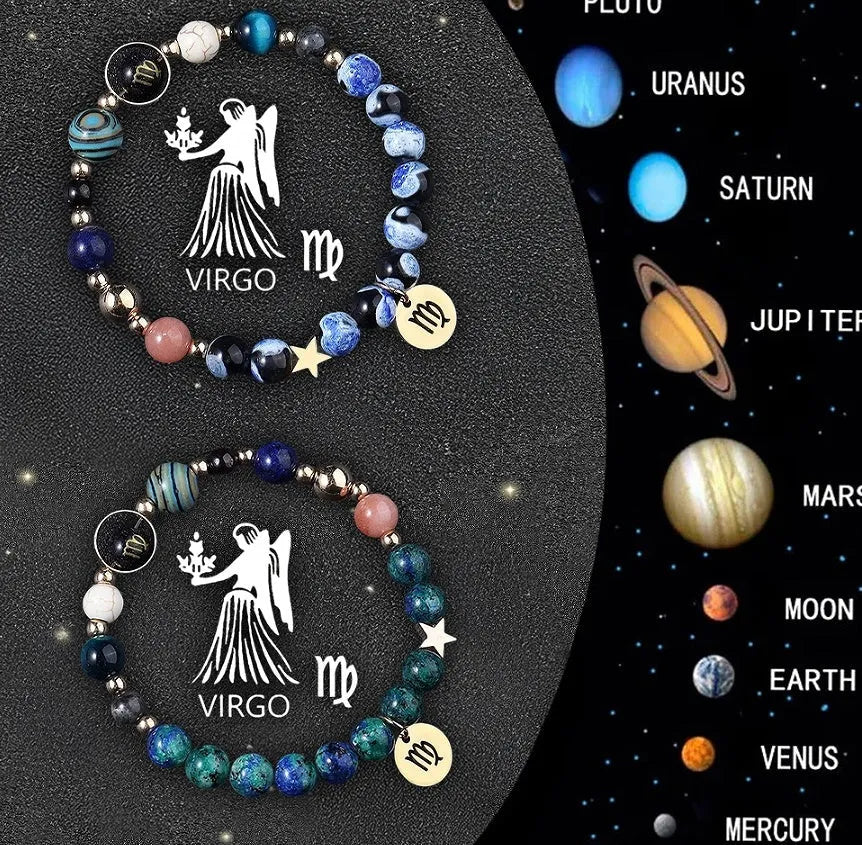Two natural stone beaded bracelets displaying zodiac symbols on a textured background.