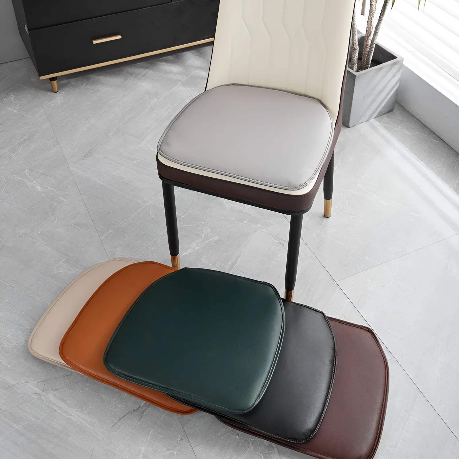 Leather horseshoe-shaped seat cushion in beige colour showing thickness and non-slip design