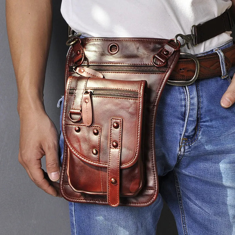 Genuine cowhide leather punk fanny pack with zipper closure showing internal phone and ID pockets