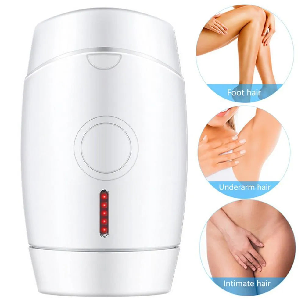 White home laser hair removal device with display screen and attachment head on a white background.