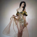 Gold strapless sequin evening dress with side split long skirt and tulle detail