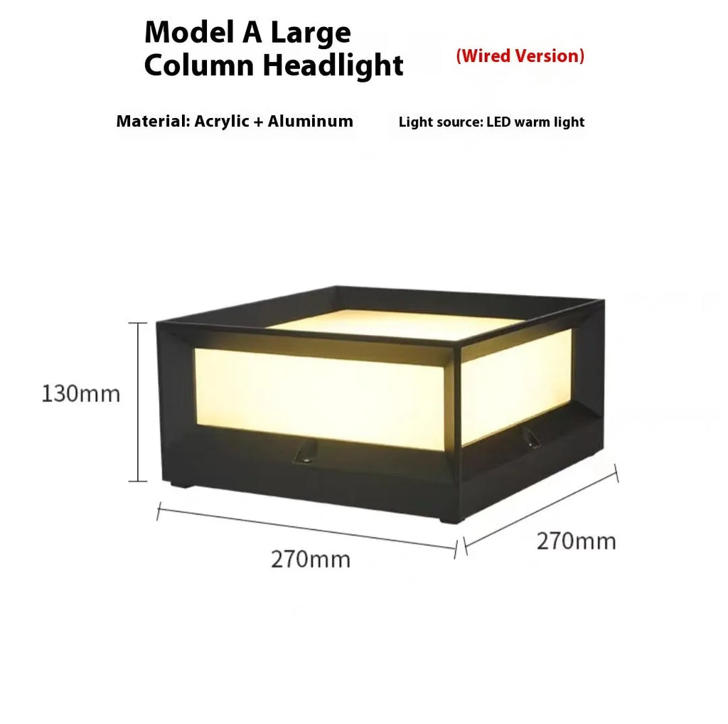 Aluminium outdoor solar column light mounted on a wall, shown in two available sizes.
