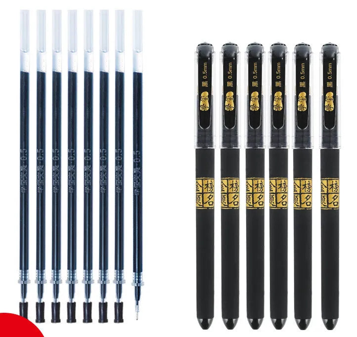 Set of eight carbon black gel pens showing bullet and needle tip options