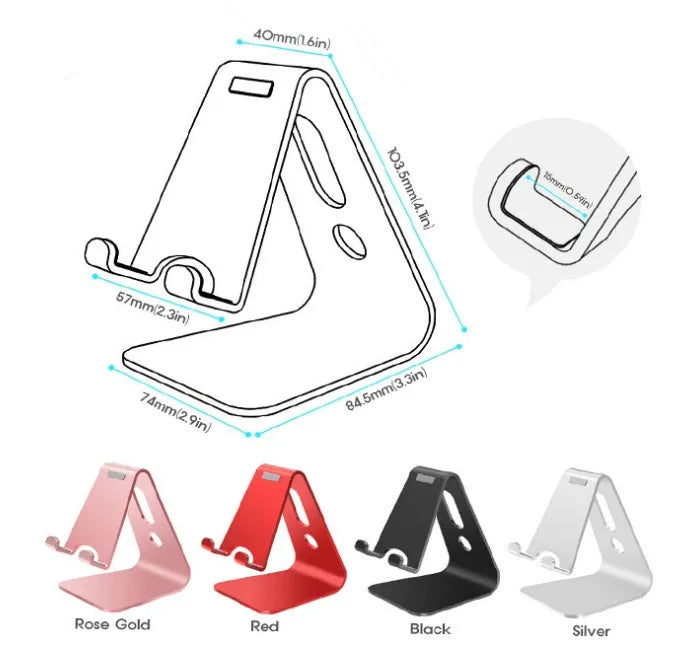 Aluminium alloy universal phone and tablet stand in black, red, rose gold, and silver colour options.