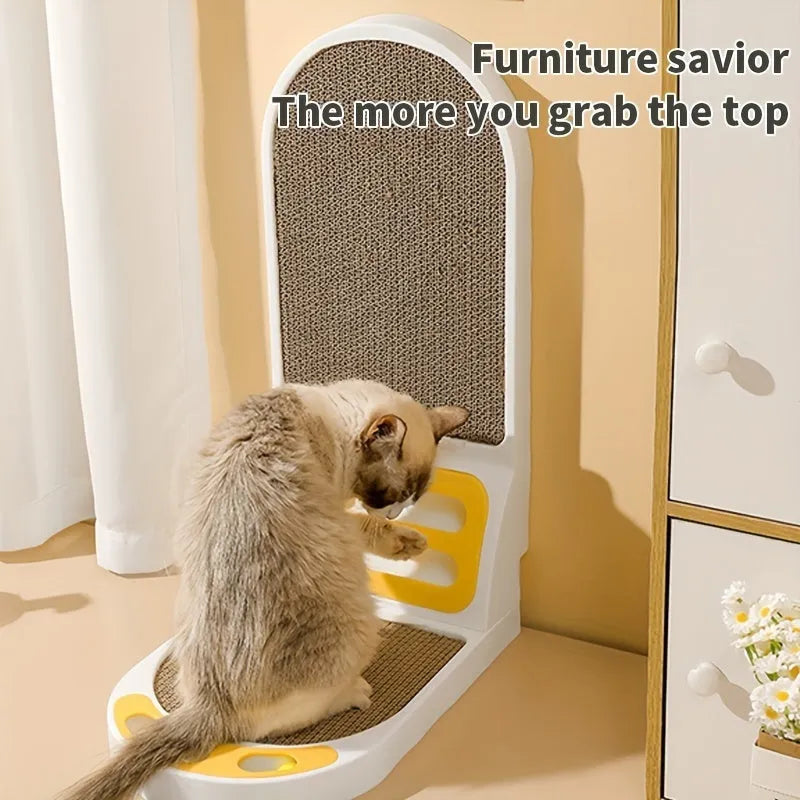 Grey L-shaped vertical cat scratching board made of corrugated cardboard on a wooden floor.
