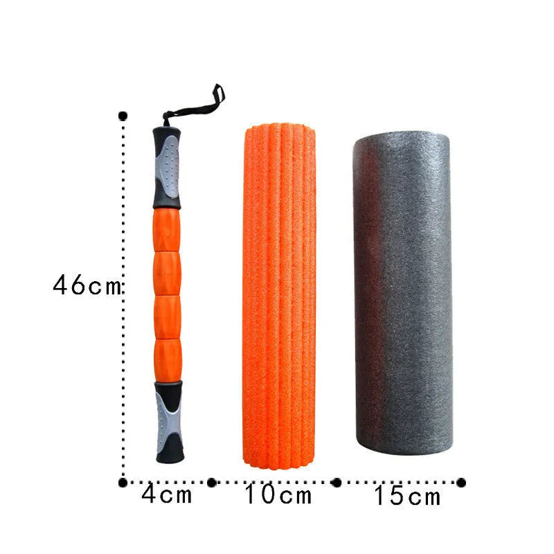 3 in 1 PE yoga pillar set foam shaft 45x16cm with handle and bead roller on floor