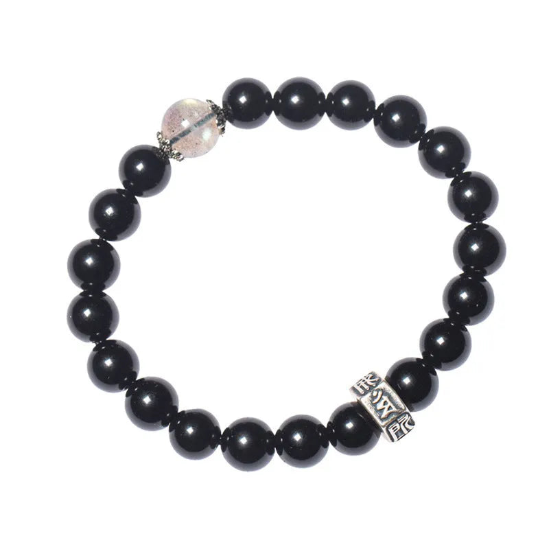 Obsidian zodiac bracelet with 8mm beads showing carved animal and bodhisattva designs in Chinese ethnic style