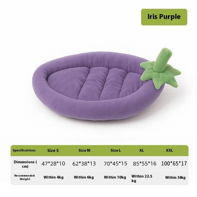 Removable washable cloth dog bed mat in purple, orange, brown, and grey colours