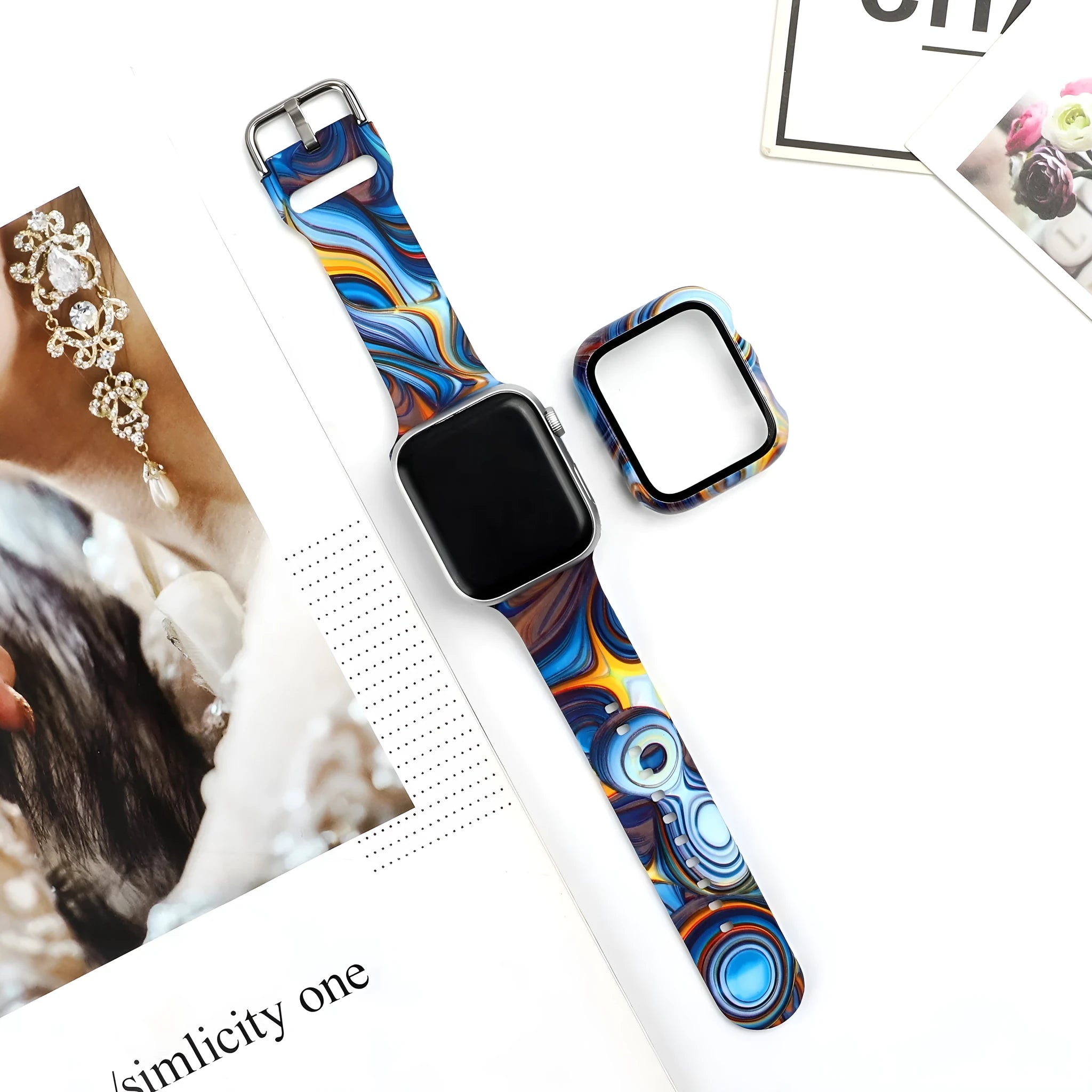 Colourful printed silicone watch strap for Apple Watch showing multiple style options