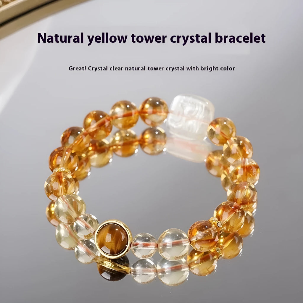 Women's carved citrine bracelet with 10mm geometric crystal beads in ethnic style design