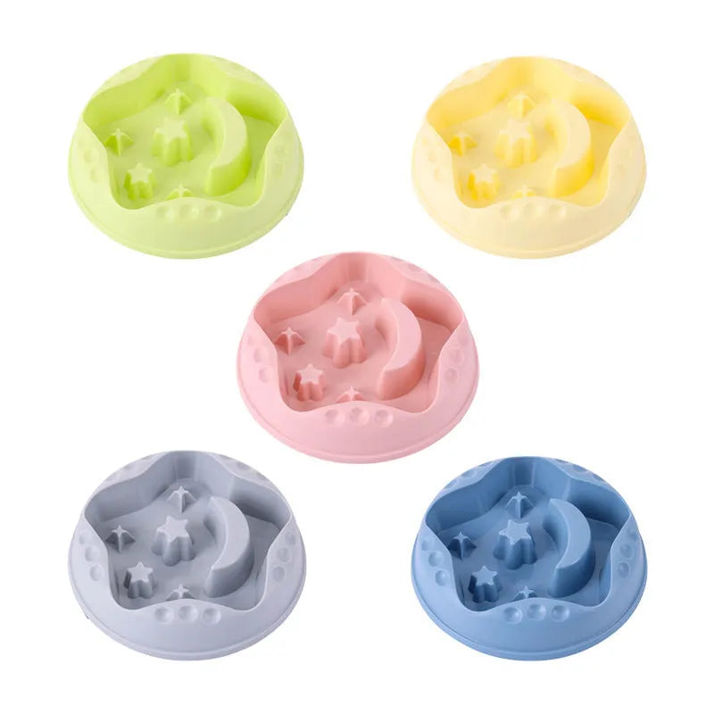 Moon star wings pattern dog slow feeder bowl with non-slip silicone base in blue, grey, green, pink or yellow