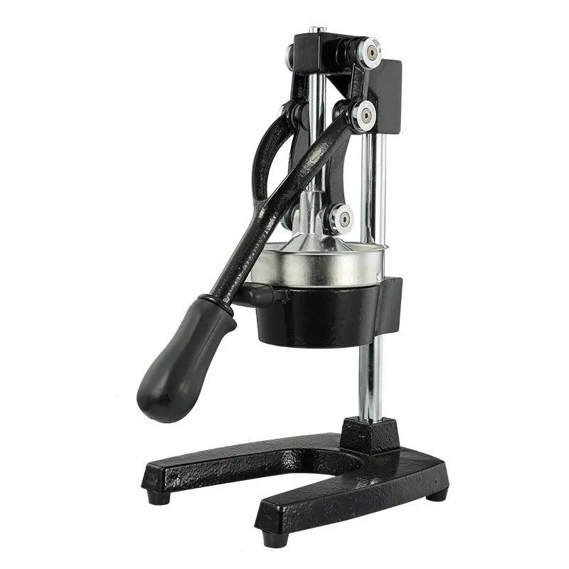 Manual citrus juicer with cast iron base and stainless steel strainer in black or white finish