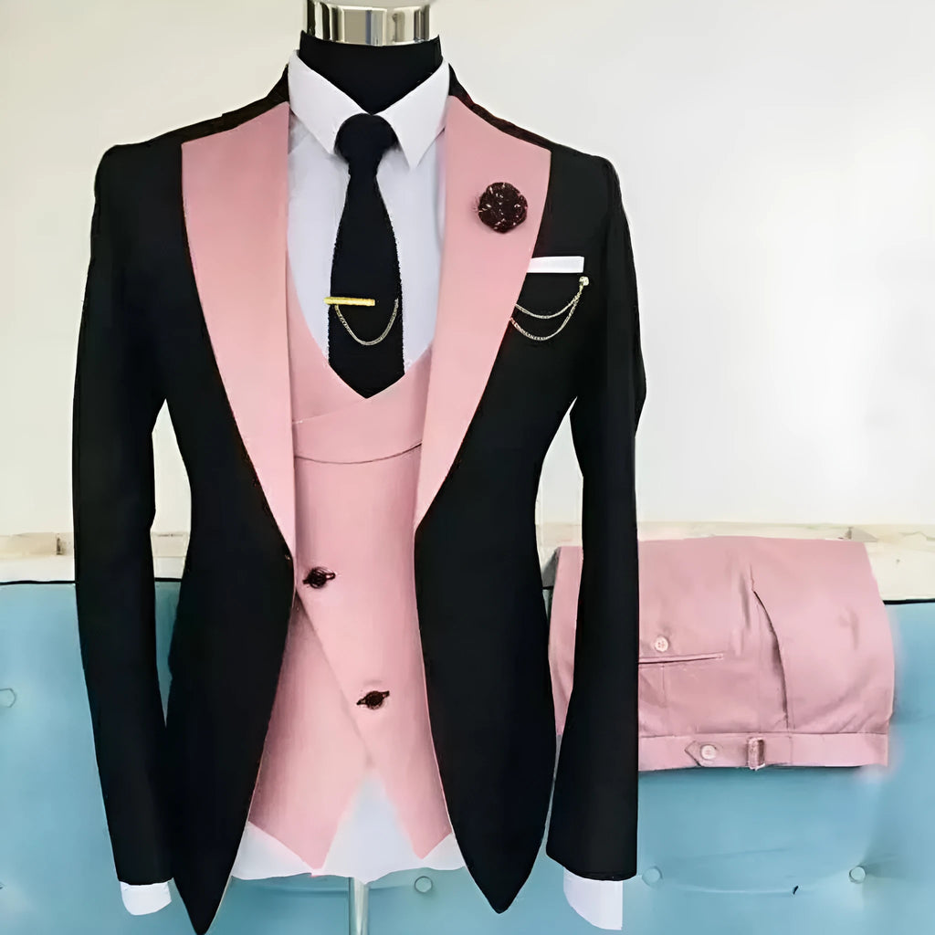 Men's slim fit cotton business suit set showing coat vest trousers