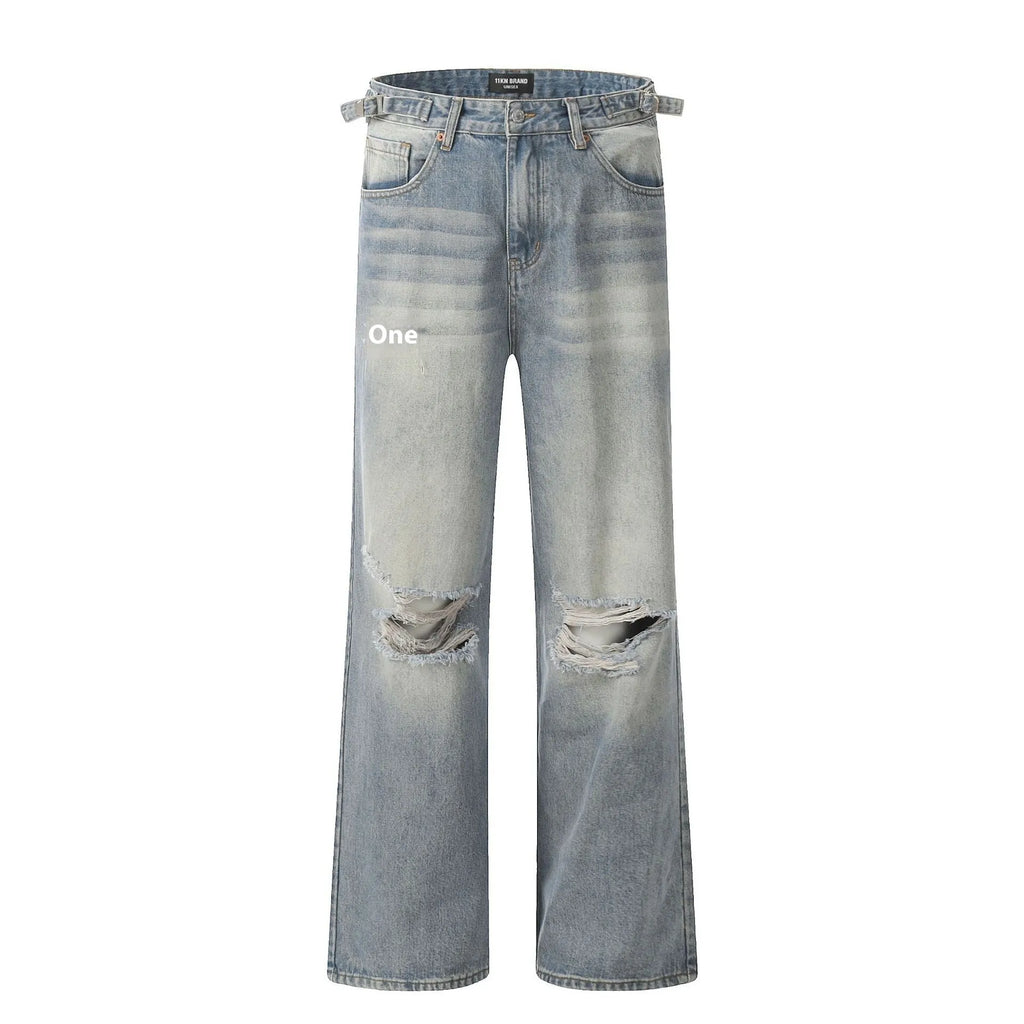Blue men's straight-leg jeans with ripped knee detailing and a zipper fly