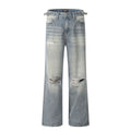 Blue men's straight-leg jeans with ripped knee detailing and a zipper fly