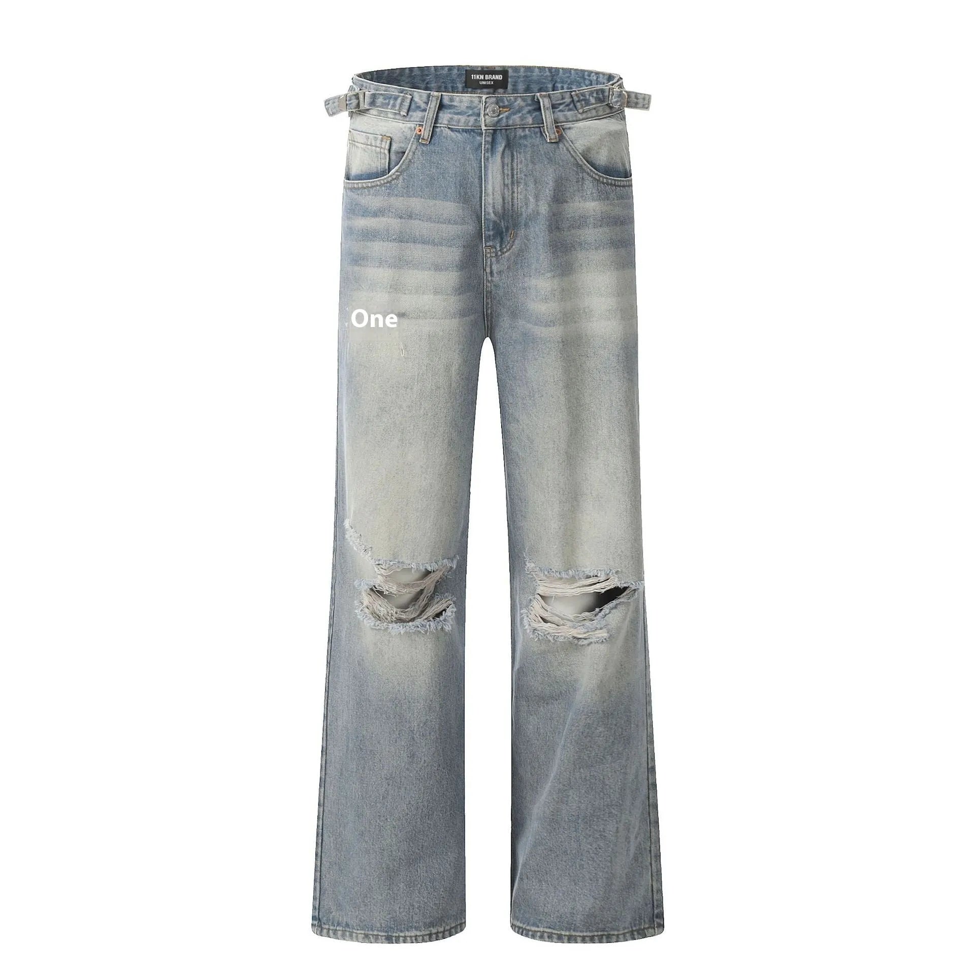 Blue men's straight-leg jeans with ripped knee detailing and a zipper fly