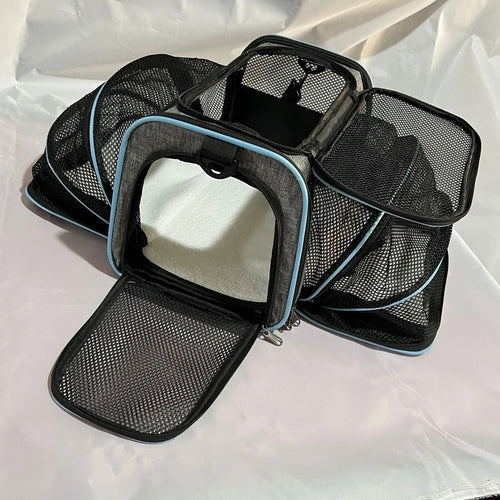 600D cation fabric cat carrier bag in grey blue edge colour with medium soft hardness construction