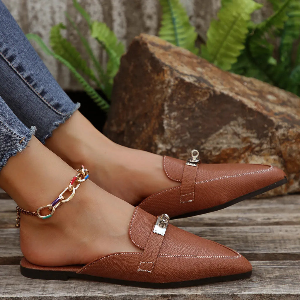 Light brown women's pointed-toe low-heel casual slippers with PU upper and rubber sole