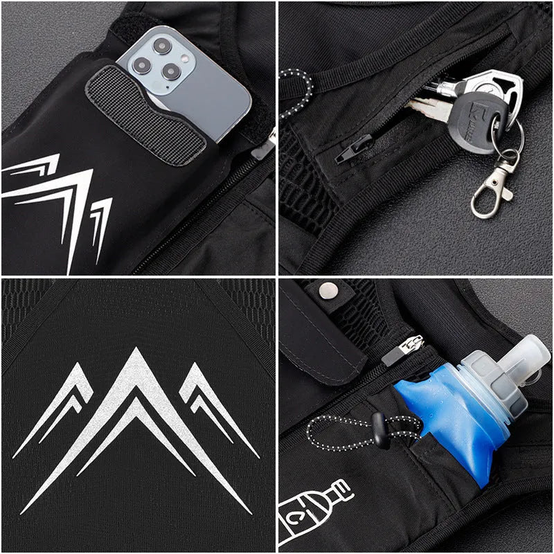 Breathable mesh sports running vest with integrated mobile phone pocket, shown in classic black colour.