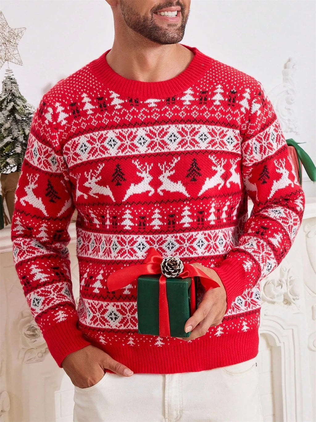 Men's red loose jacquard Christmas sweater with round neck and long sleeves on display