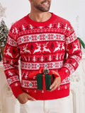 Men's red loose jacquard Christmas sweater with round neck and long sleeves on display