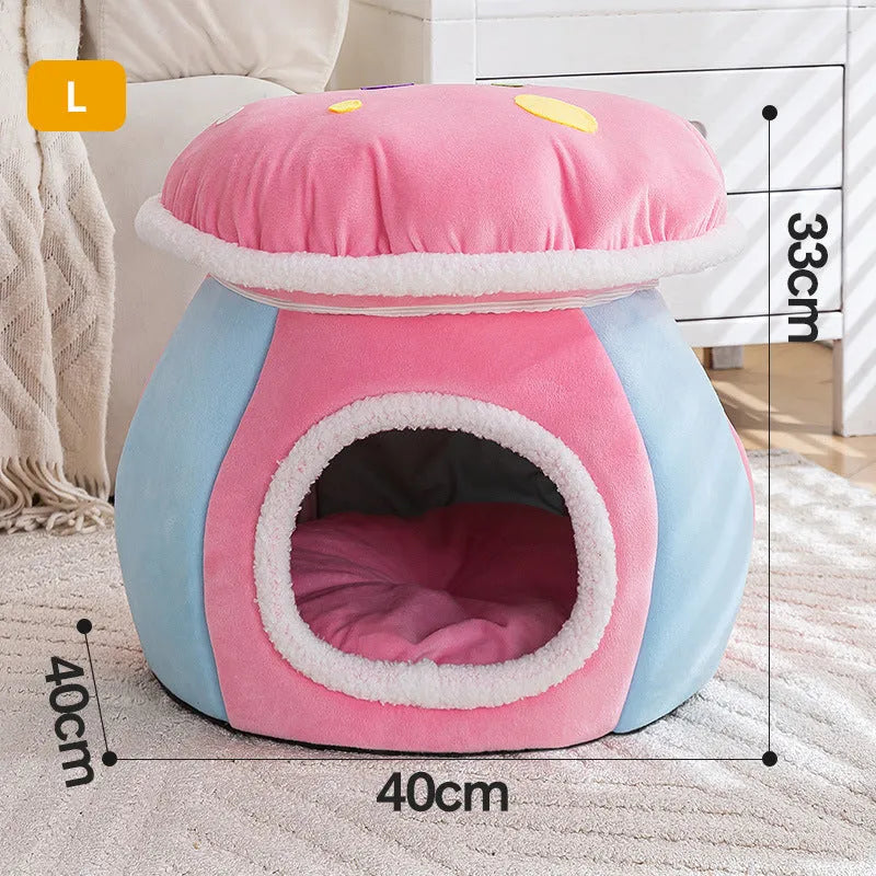 Grey mushroom-shaped plush cat bed with a detachable rabbit blanket for winter warmth.
