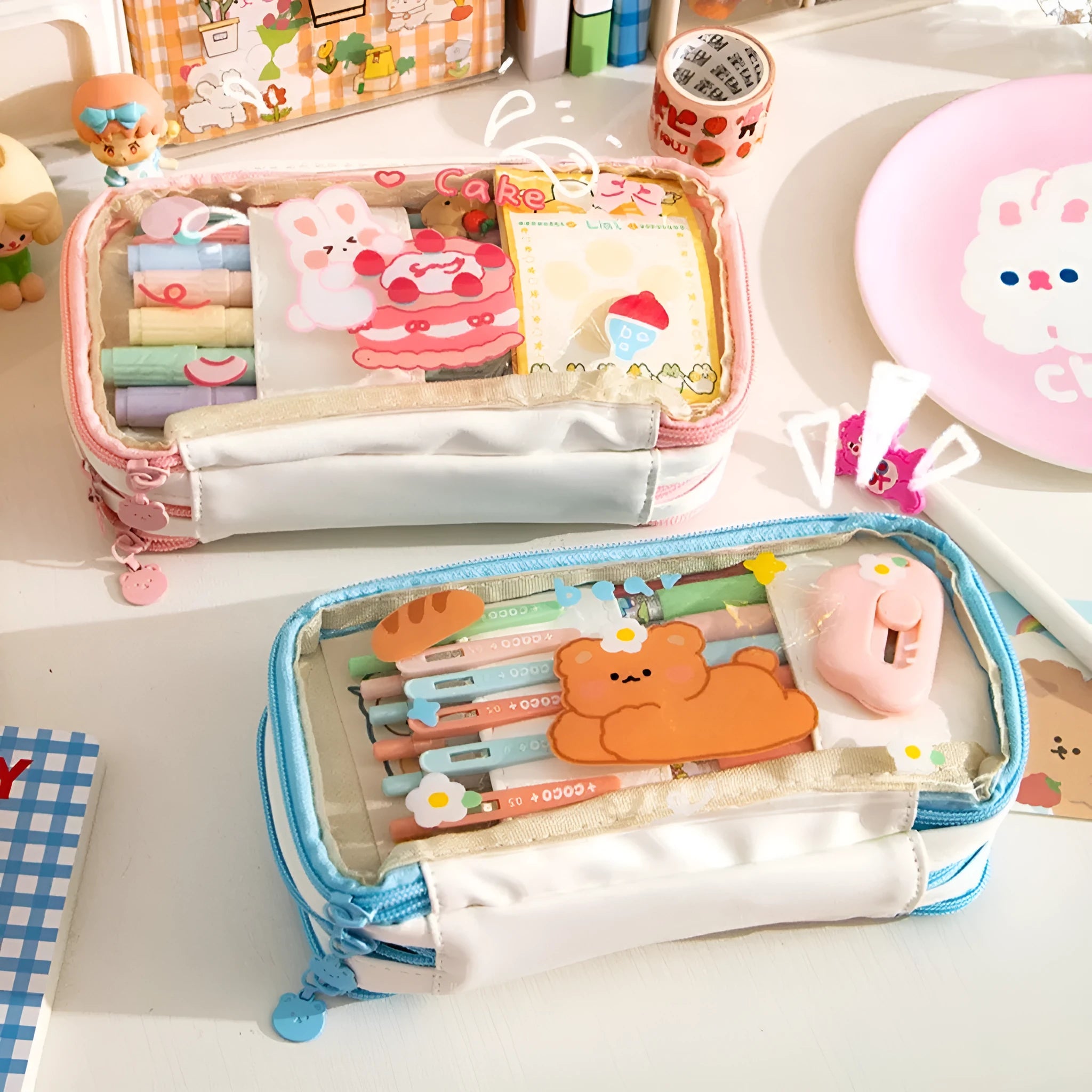 Transparent TPU pen bag with heart and rabbit pattern in red or pink colour options