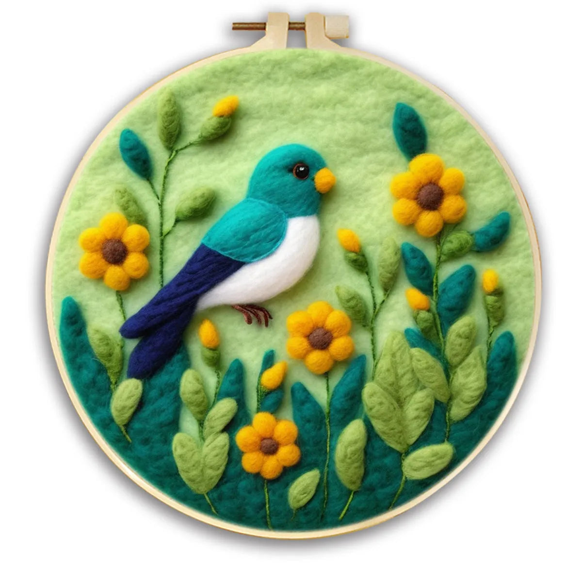Round linen embroidery kit with wool felt pieces for 3D flowers and leaves, includes a free frame.