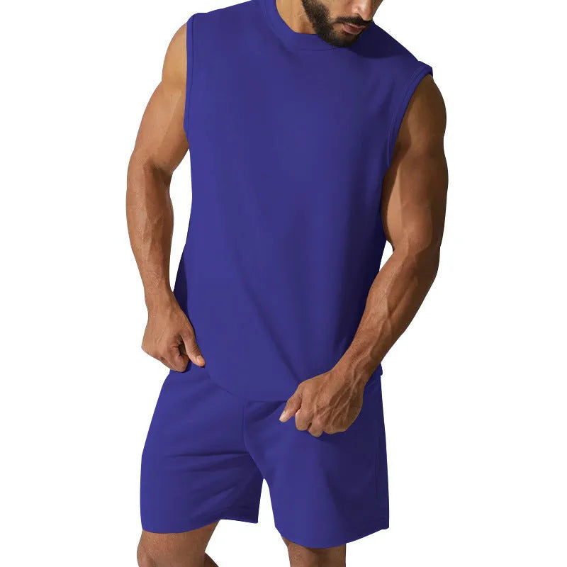 Men's solid colour sleeveless sports top and matching casual shorts set on a hanger