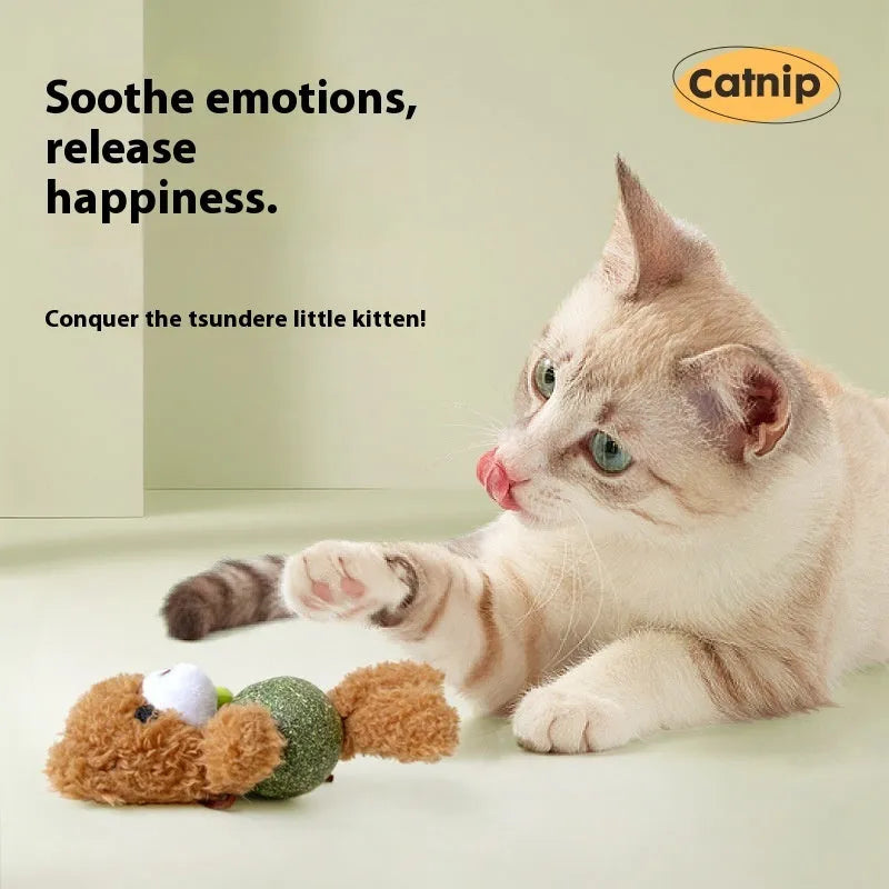 Plush catnip toy shaped like an animal with a separate mint ball, showing brown bear design