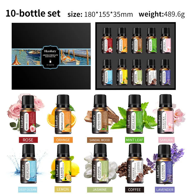 Boxed set of water-soluble aromatherapy essential oil bottles for use in diffusers and sprays