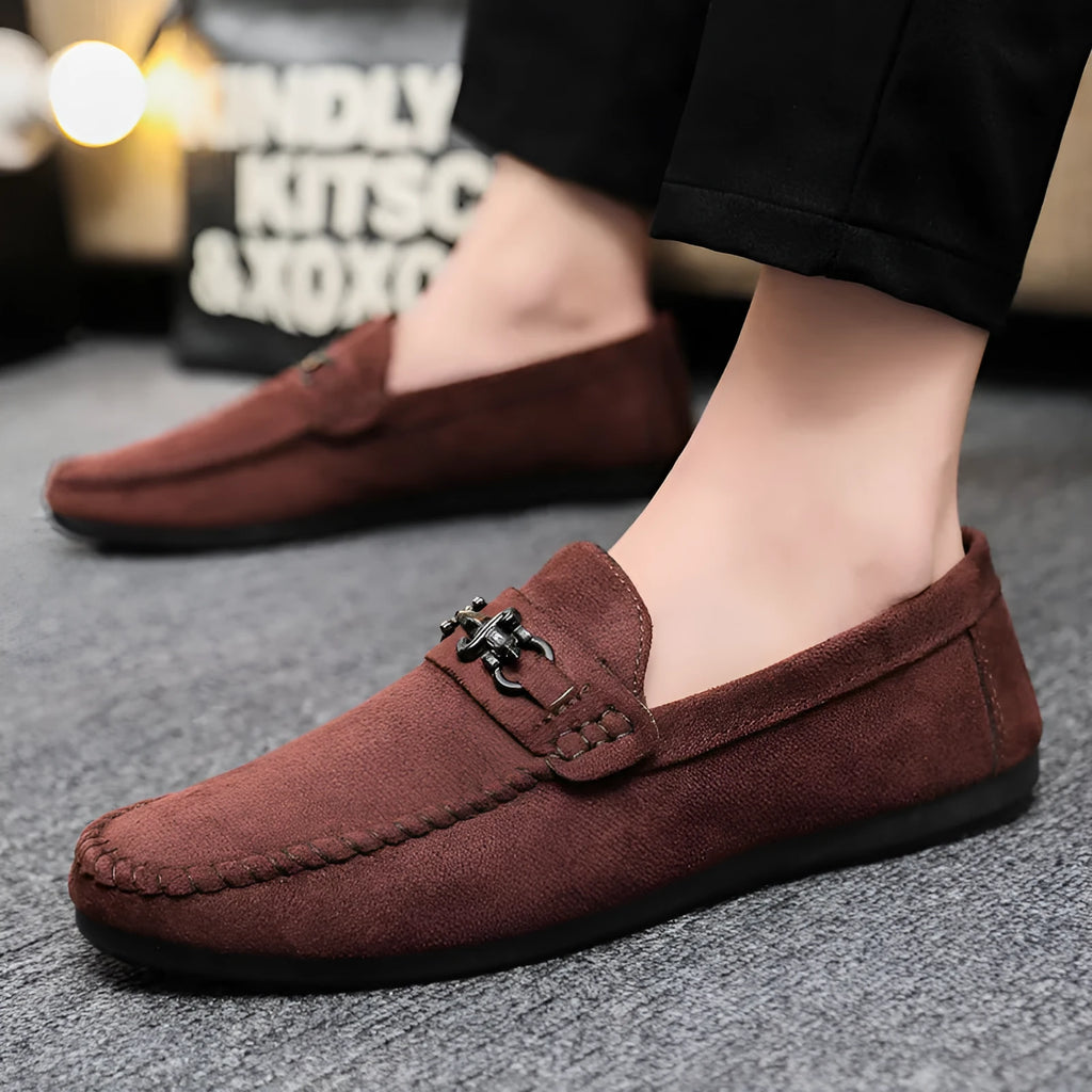 Men's waterproof slip-on loafers in black and brown with round toe design