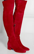 Grey suede women's over-the-knee boots with a pointed toe and flat low heel.