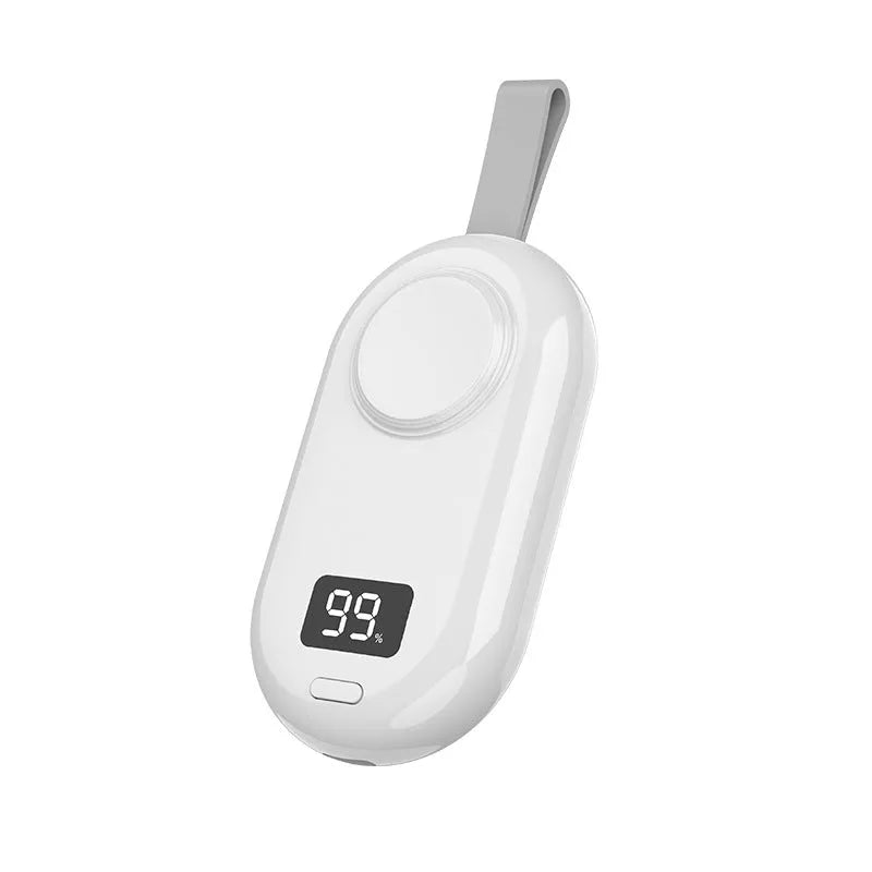 Black or white plastic wireless power bank for V5 smartwatches next to USB-C cable