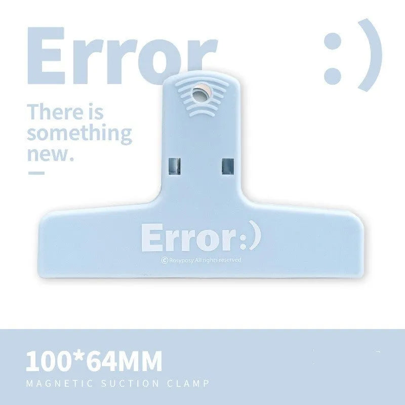 Blue and brown magnetic plastic bill clip holding paper tickets and receipts.