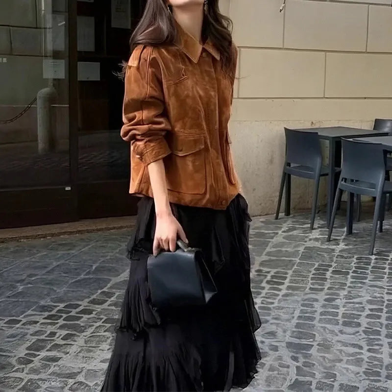 Brown suede-look women's coat with regular sleeves and street chic styling