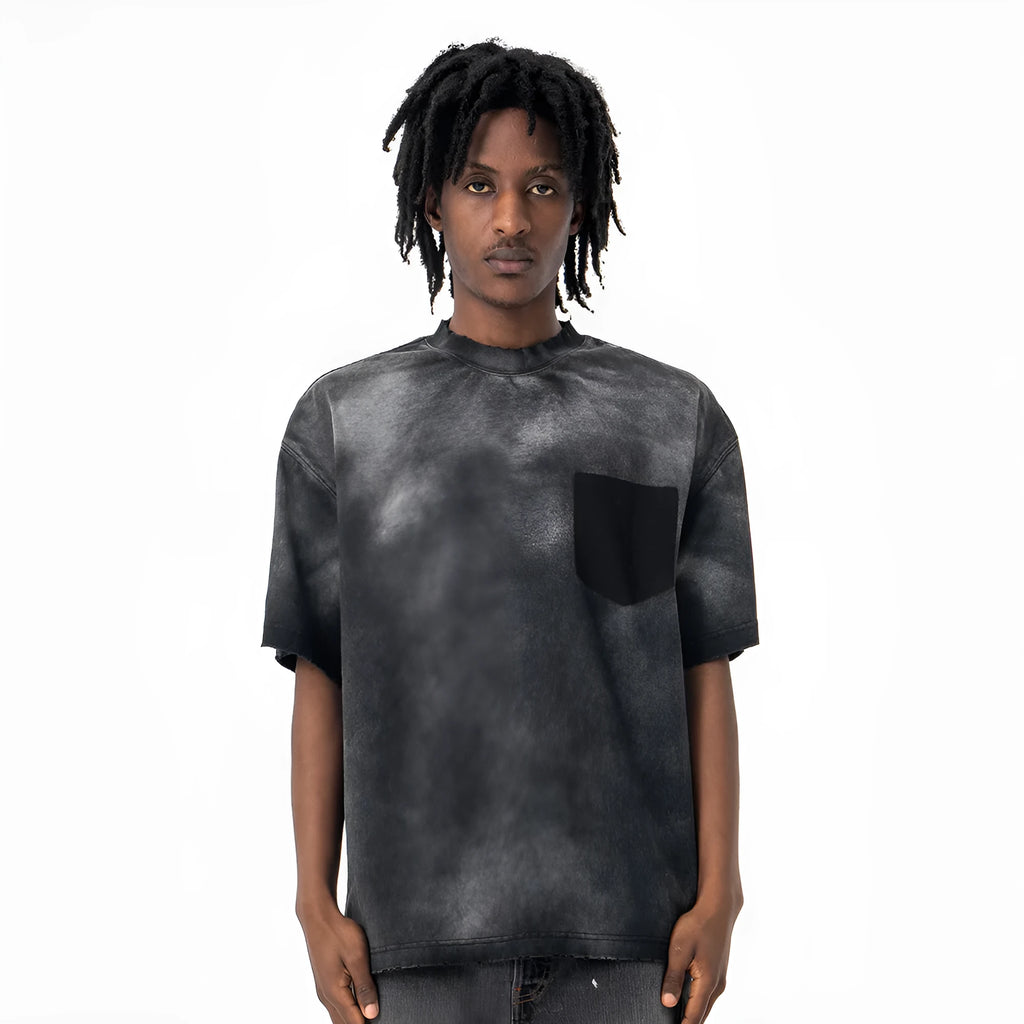 Black men's cotton T-shirt with printed letter pattern and drop-shoulder sleeves in loose fit