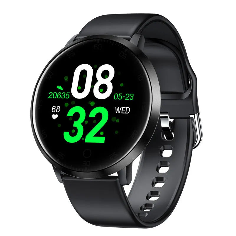 Smart health bracelet with touch screen display on silicone wrist strap in silver colour option