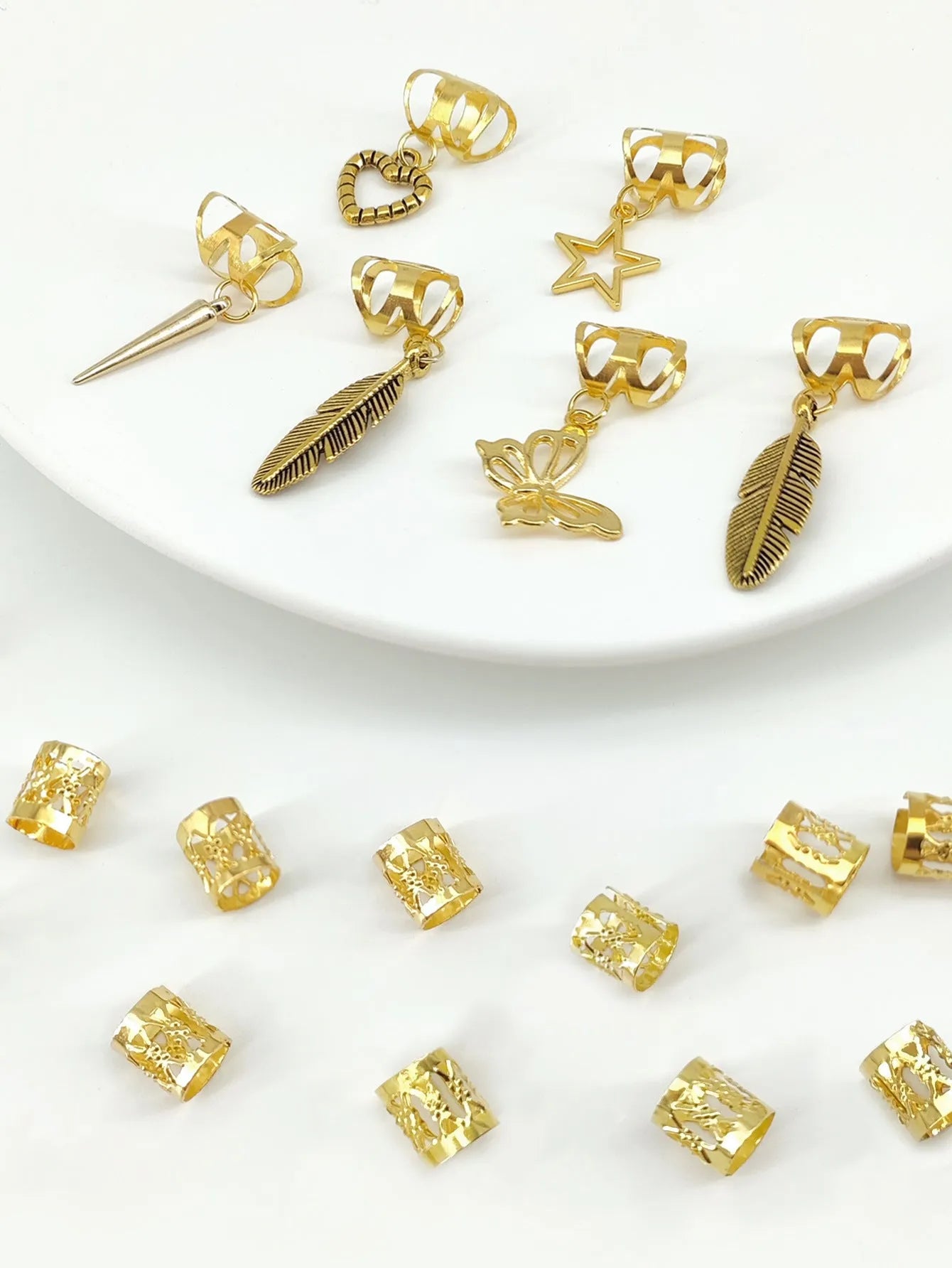 Antique style hair rings with leaves pattern and braid design in gold or silver finish
