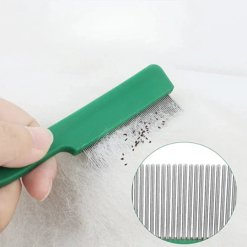 Green plastic-handled pet flea comb with stainless steel pins for dog and cat grooming