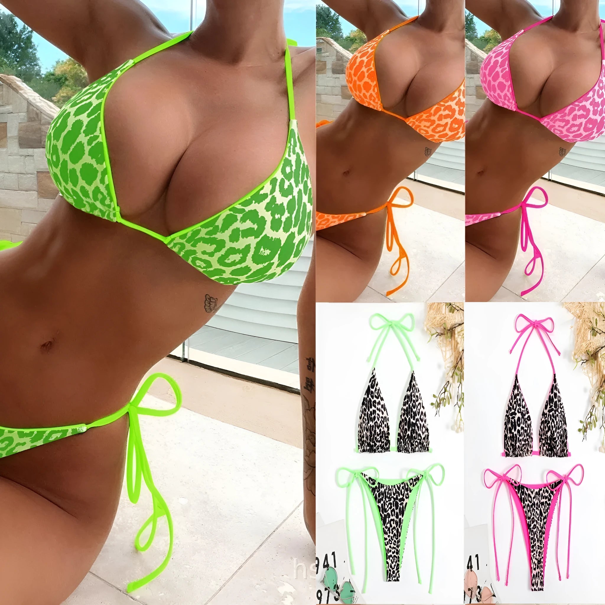 Women's lace-up triangle split bikini set in polyester fabric showing adjustable design