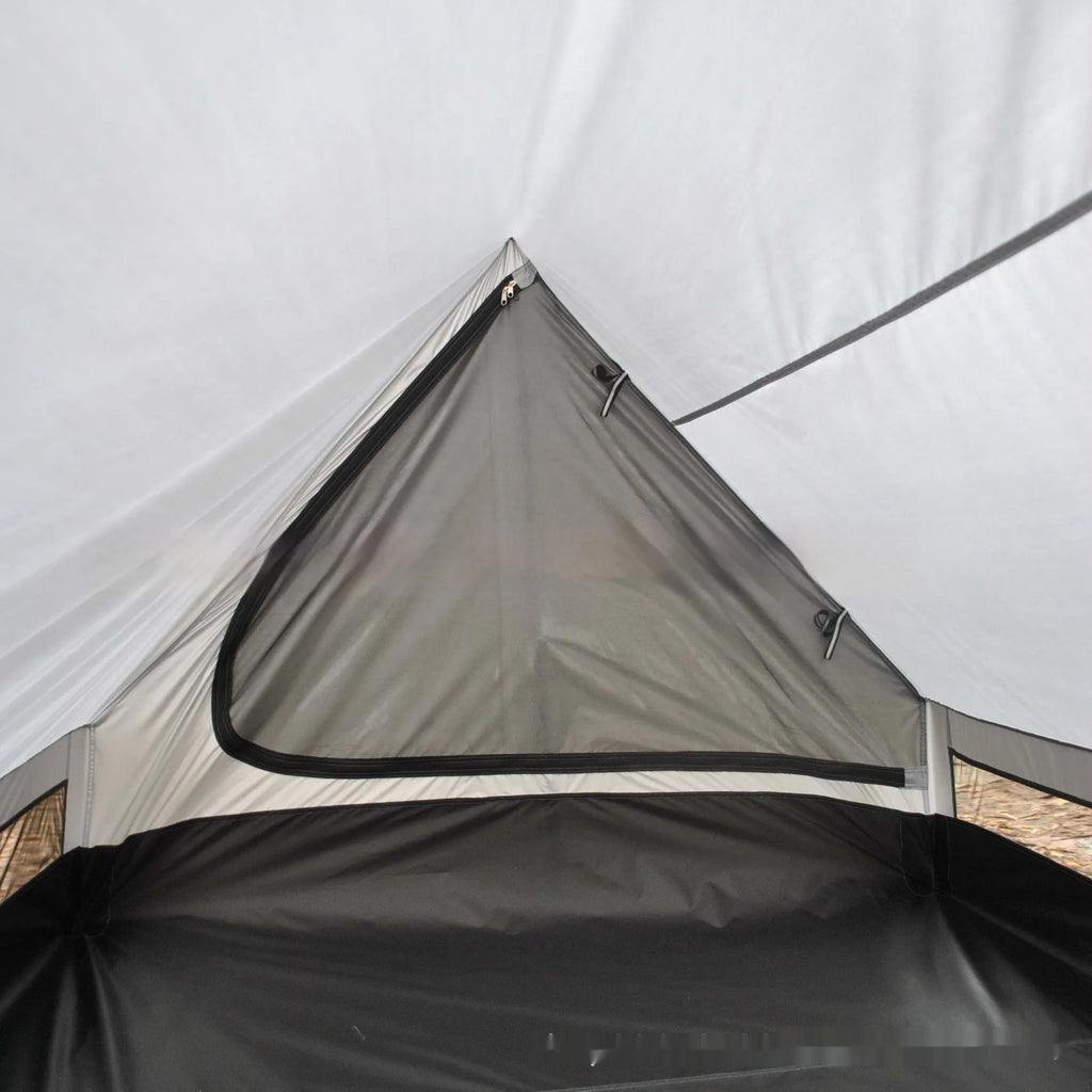 Brown A-line pole-free portable tent with hiking cane support showing interior space for 2-3 people